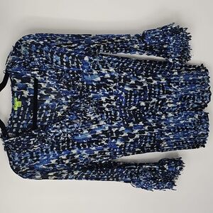 Agora Elegant Blue Fringed Collar & Sleeves Textured Button‎ Front Blouse
